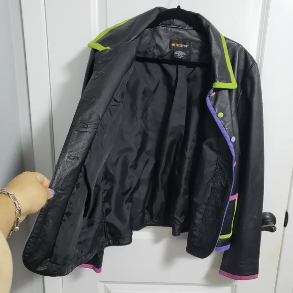 METROSTYLE Leather Jacket with Colorful Trim and Buttons - Picture 5 of 9